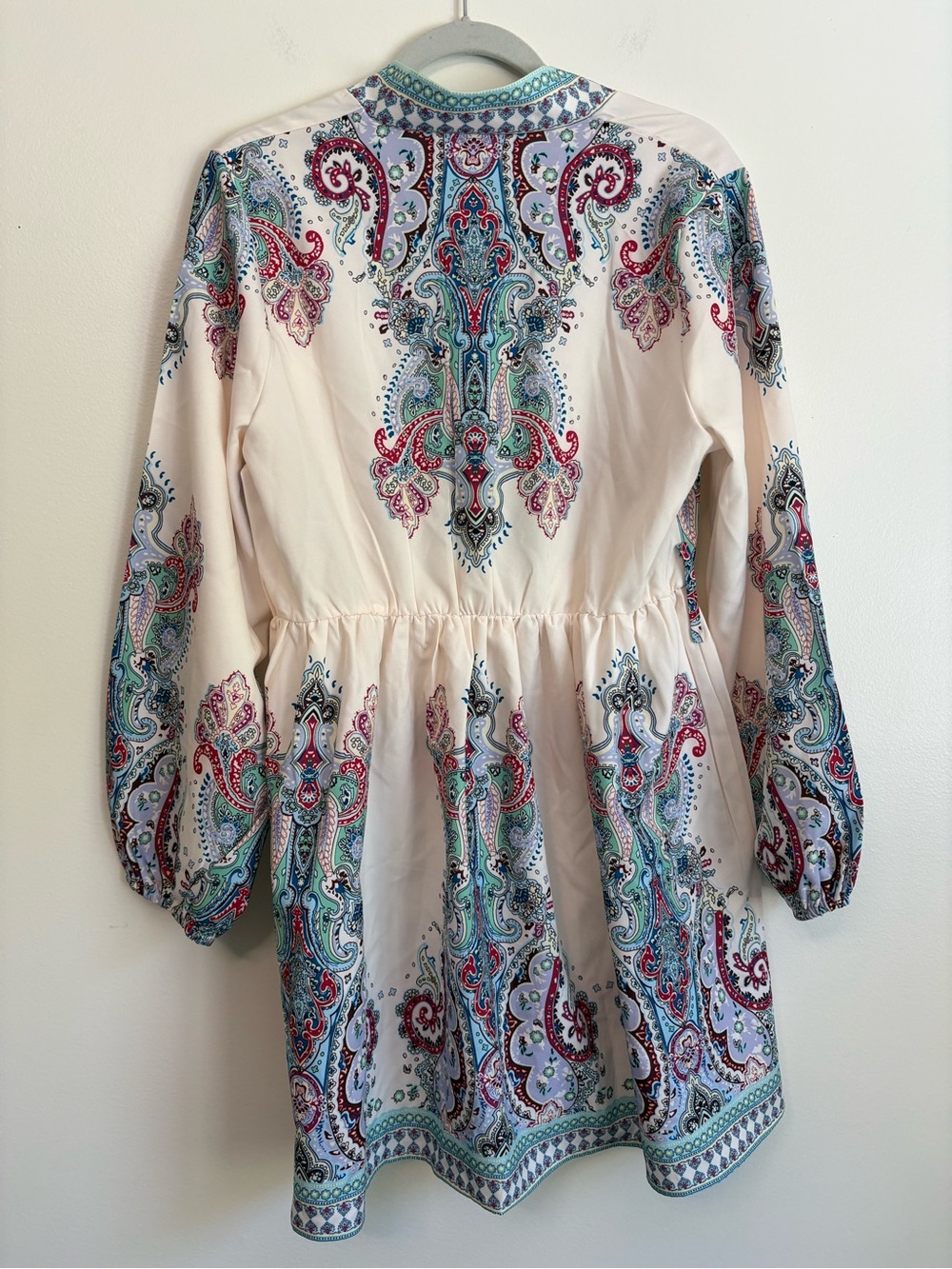 Boho Chic Paisley V-Neck Tunic Dress in Cream Teal Burgundy Goodnight Macaroon M - Picture 3 of 8